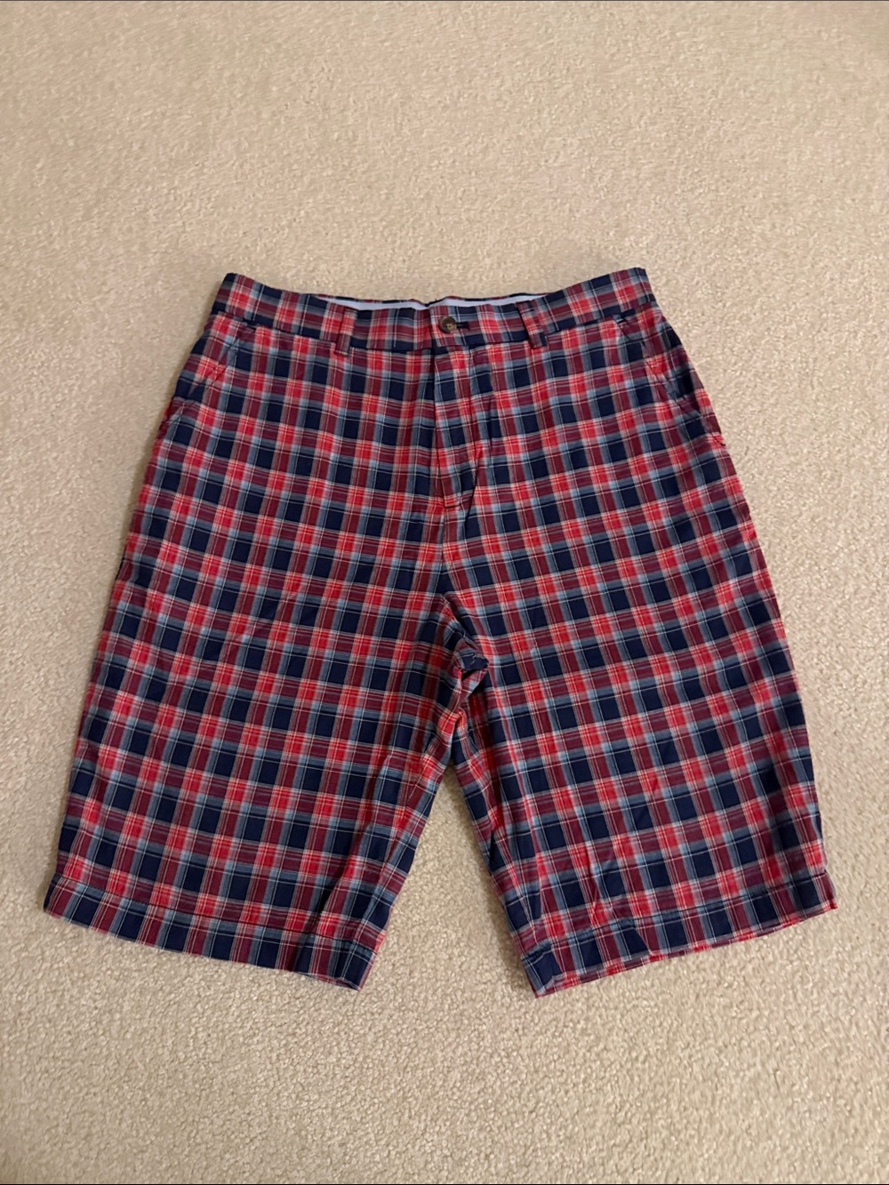 Brooks Brothers Red and Navy Plaid Flat-Front Teen Boy Shorts